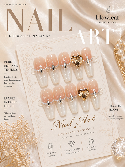 Long Nude Heart Crystal Press-On Nails – Pearl Chain Romantic Luxury