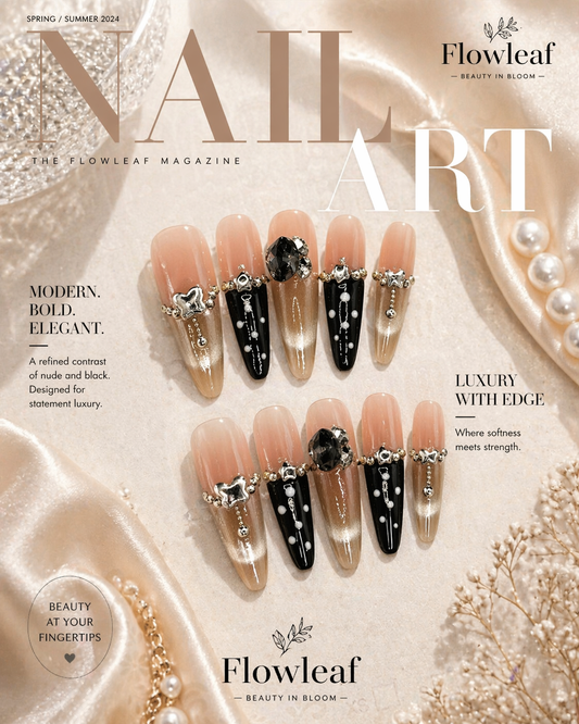 Long Nude Black Press-On Nails – Crystal Contrast & Statement Luxury Set