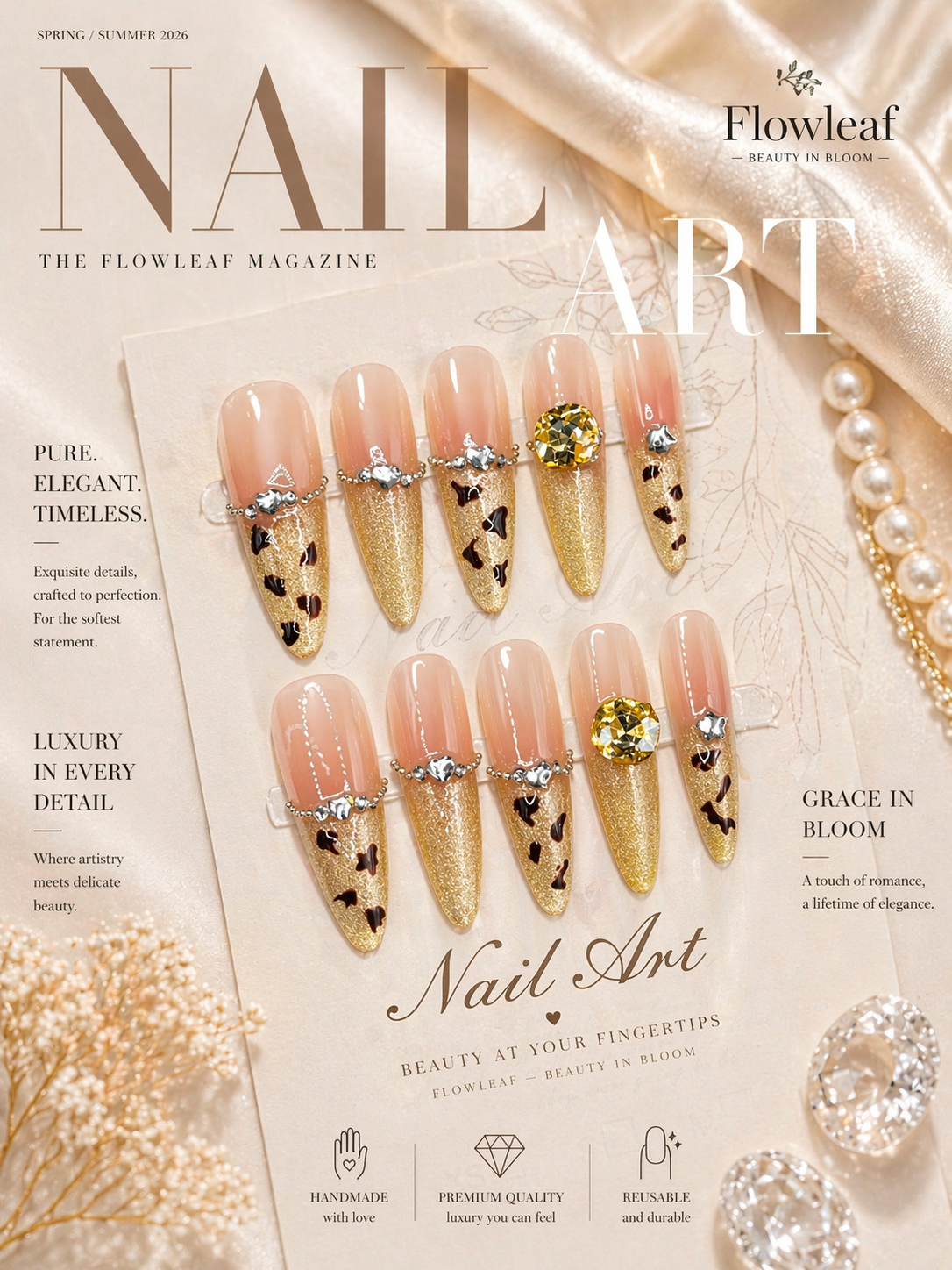 Long Nude Gold Glitter Press-On Nails – Crystal Accent & Butterfly Detail Set