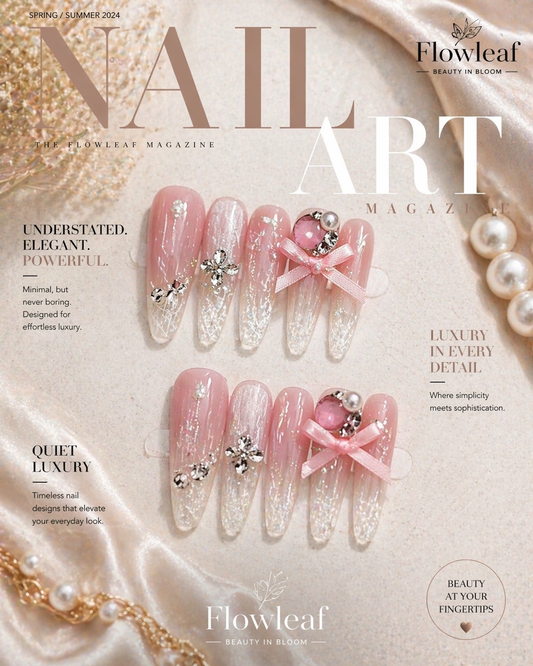 Long Romantic Blush Press-On Nails with Pearls & Ribbon – Soft Luxury Design