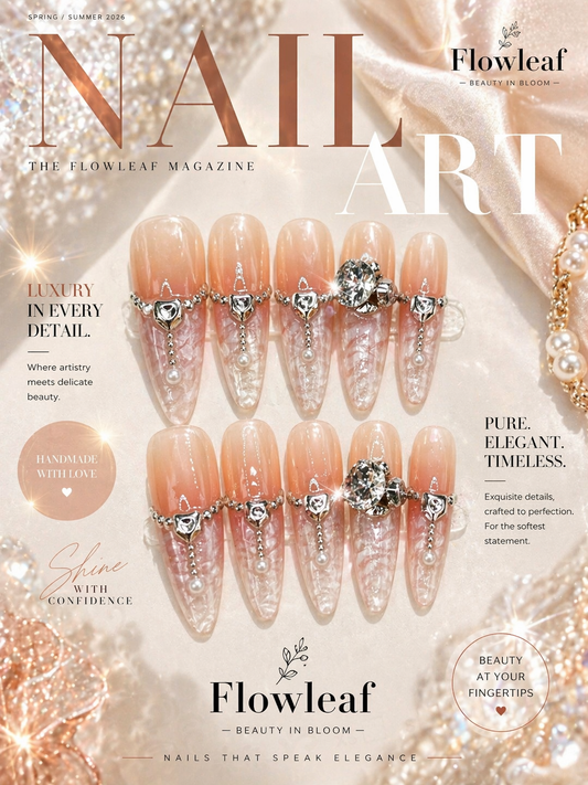 Long Peach Blush Crystal Press-On Nails – Pearl Drop & Rhinestone Luxury