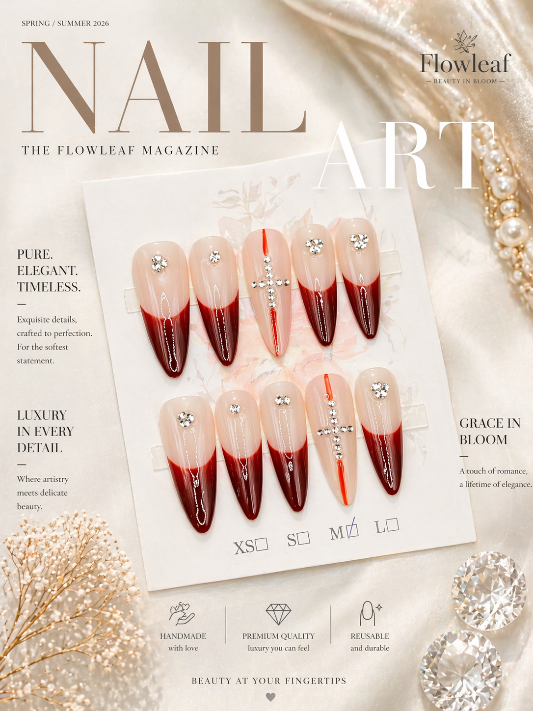 Long Nude Red Press-On Nails – Crystal Cross & Gradient Statement Set