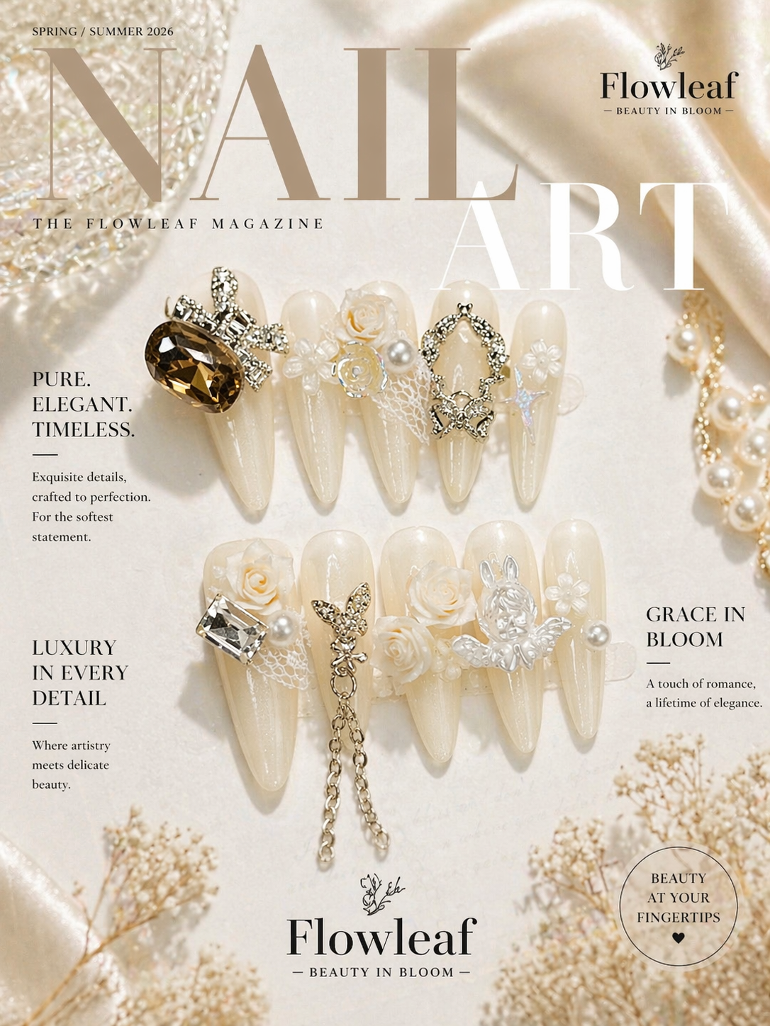 Long Ivory Floral Press-On Nails – 3D Rose, Pearl & Crystal Luxury Set