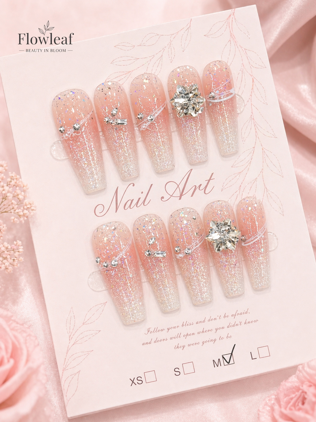 Long Peach Pink Glitter Press-On Nails – Crystal Accent Luxury Set