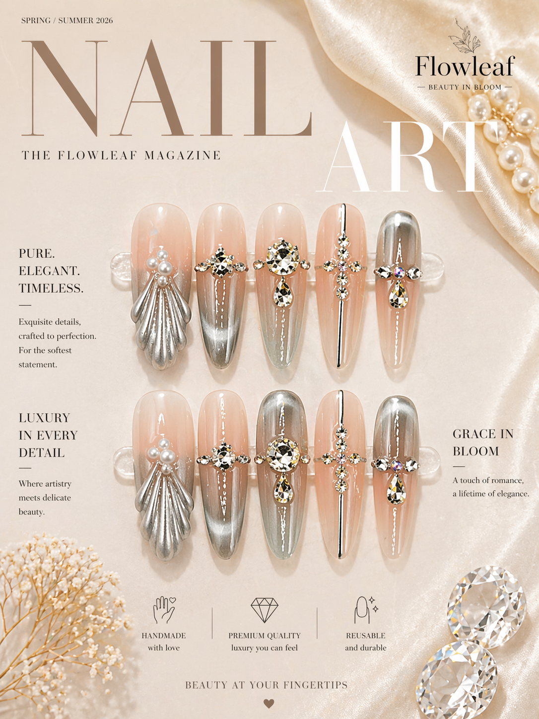 Long Nude Silver Shell Press-On Nails – Crystal Cross & Chrome Luxury Set