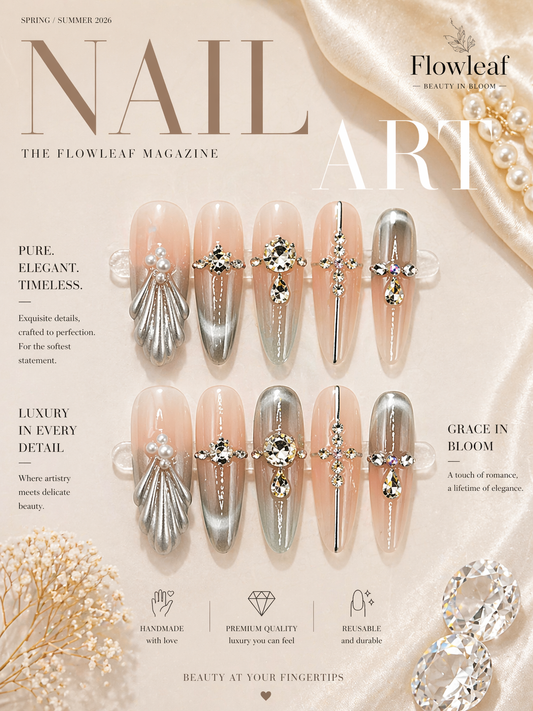 Long Nude Silver Shell Press-On Nails – Crystal Cross & Chrome Luxury Set