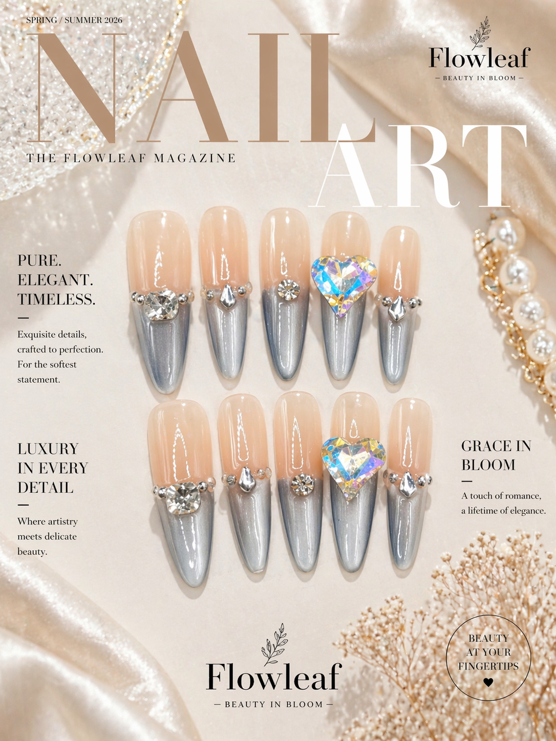 Long Nude Silver Chrome Press-On Nails – Heart Crystal Statement Set