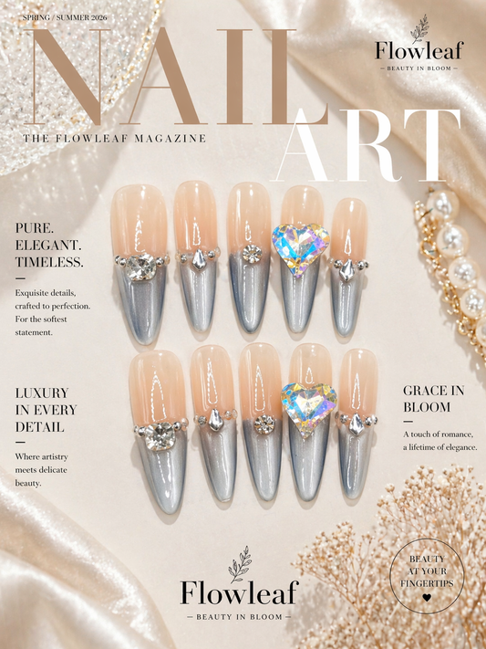 Long Nude Silver Chrome Press-On Nails – Heart Crystal Statement Set
