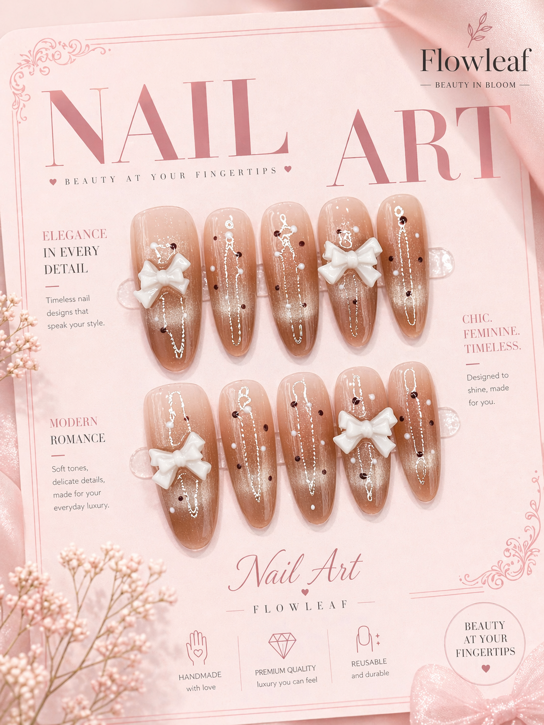 Long Nude Bow Press-On Nails – Chocolate Dot & Glossy Gradient Set
