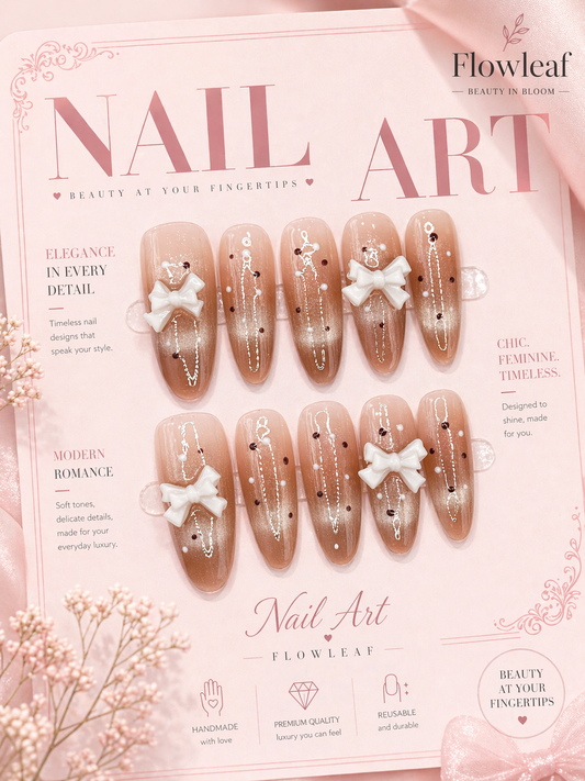 Long Nude Bow Press-On Nails – Chocolate Dot & Glossy Gradient Set