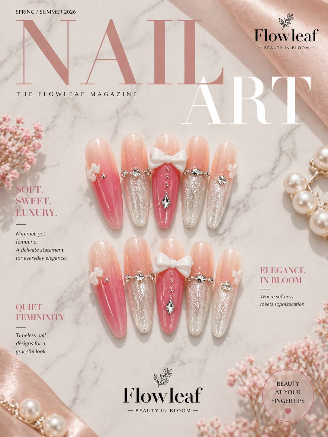 Long Blush Pink Bow Press-On Nails – Soft Sweet Luxury with Crystals