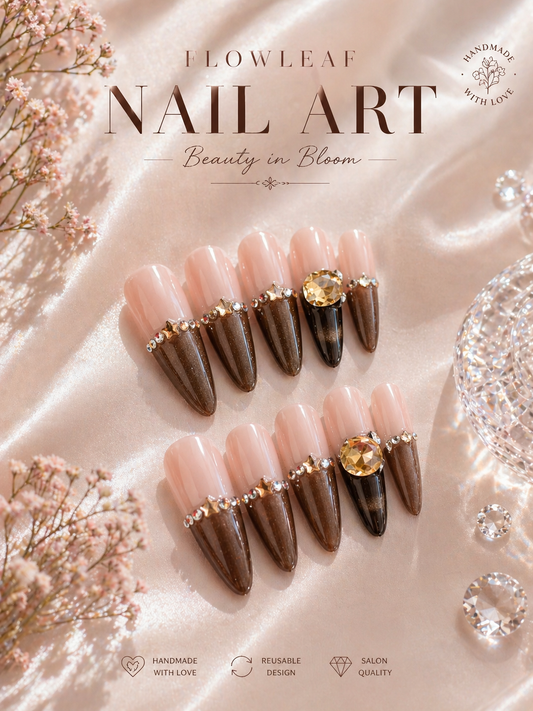 Long Nude Brown Glitter Press-On Nails – Gold Crystal Statement Set