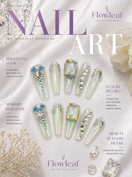 Iridescent Pearl Chrome Press-On Nails with Crystal Accent